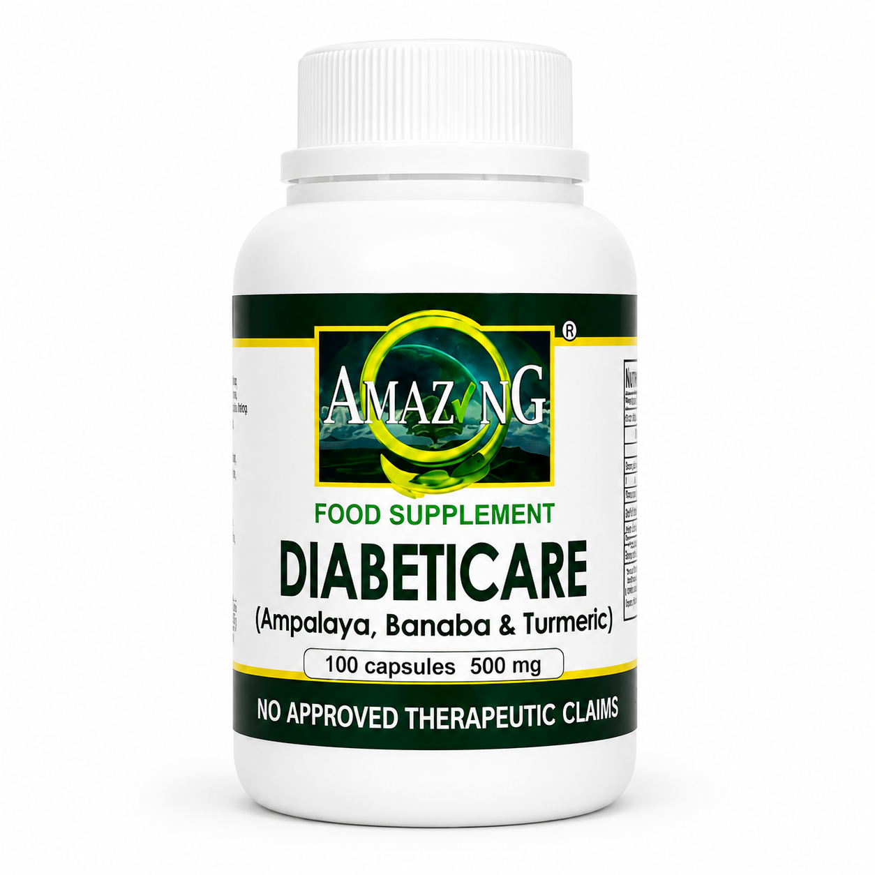 Amazing Food Supplement Diabeticare bottle, 100 capsules, 500 mg