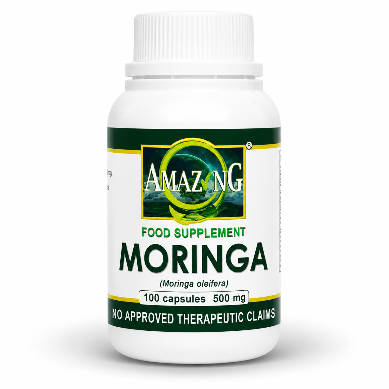 Amazing Food Supplement Moringa bottle, 100 capsules, 500 mg