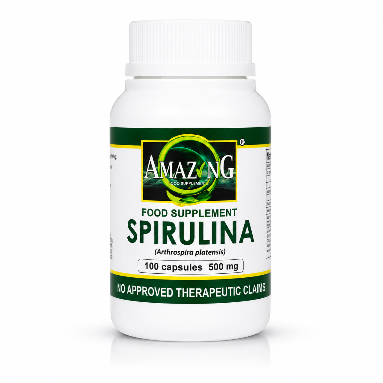 Amazing Food Supplement Spirulina bottle, 100 capsules, 500 mg